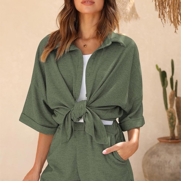 Ekouaer Waffle Knit Lounge Sets for Women Short Sleeve Pajamas Button Down Pjs - Picture 3 of 4